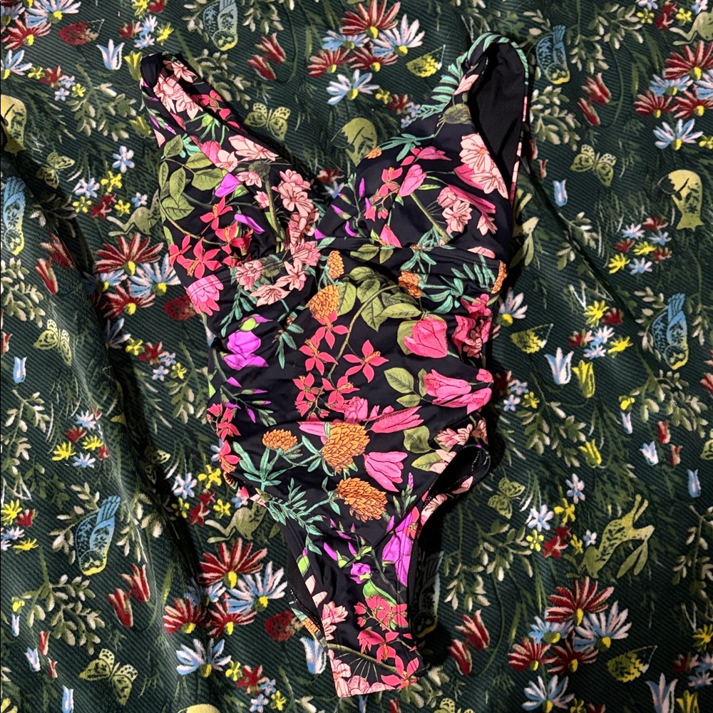 Floral One Piece Swimsuit - Black and Pink